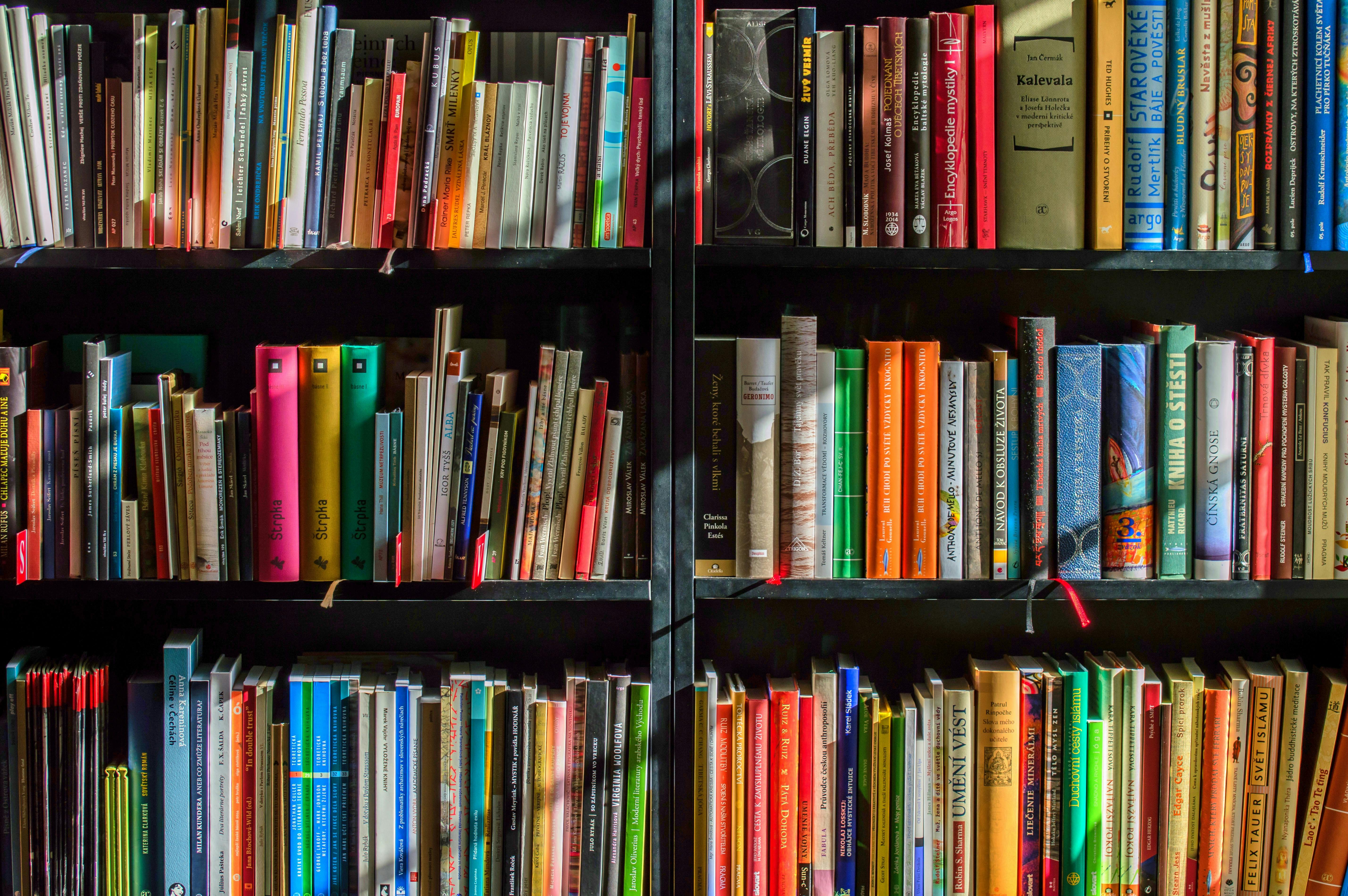 A sunny bookshelf with many colored books.